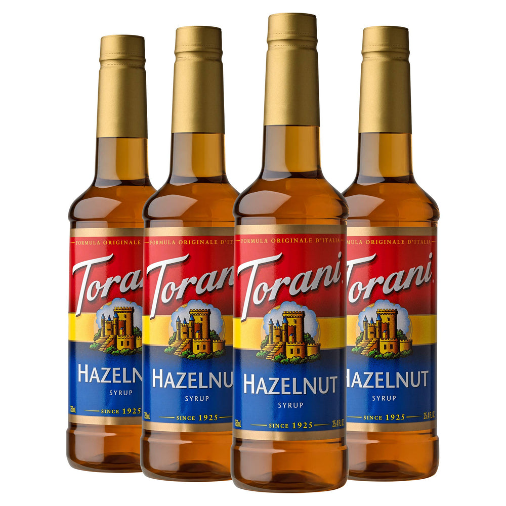 Torani Hazelnut Syrup bottle closeup highlighting rich nutty flavor for coffee and desserts