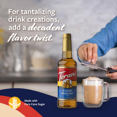 Torani hazelnut syrup bottle with label and flavor details visible.