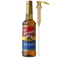 Torani Hazelnut Syrup bottle with pump for easy flavoring and mess-free use.