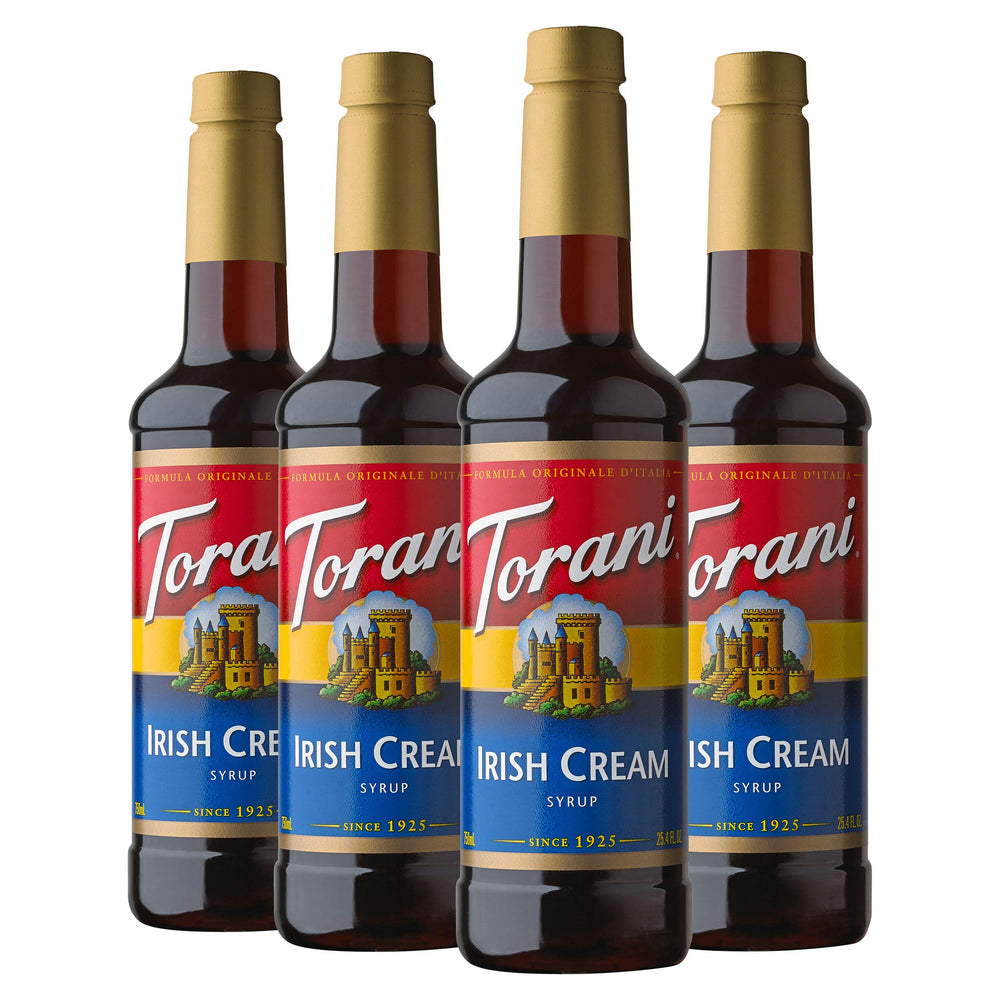 Torani Irish Cream syrup bottle adds authentic flavor to coffees and desserts.