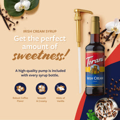 Close-up of the Torani pump dispensing Irish Cream syrup.