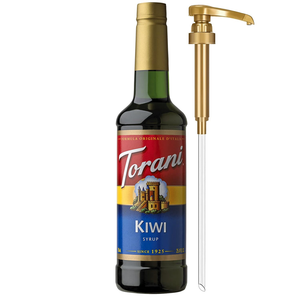 Torani Kiwi Syrup bottle with pump for easy, mess-free flavoring in drinks.