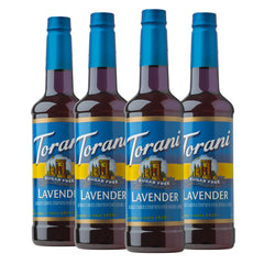 Torani Lavender Sugar Free Syrup bottle pour for a zero-sugar beverage.