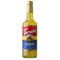 Torani Lemon Syrup 750 ml bottle highlighting bright lemon flavor for drinks