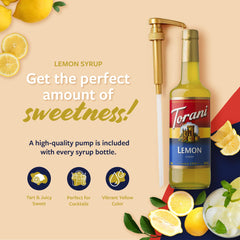 Torani Lemon Syrup poured into iced tea in a glass for a bright citrus twist.