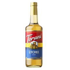 Torani Lychee Syrup bottle close-up with rich aroma perfect for beverages.