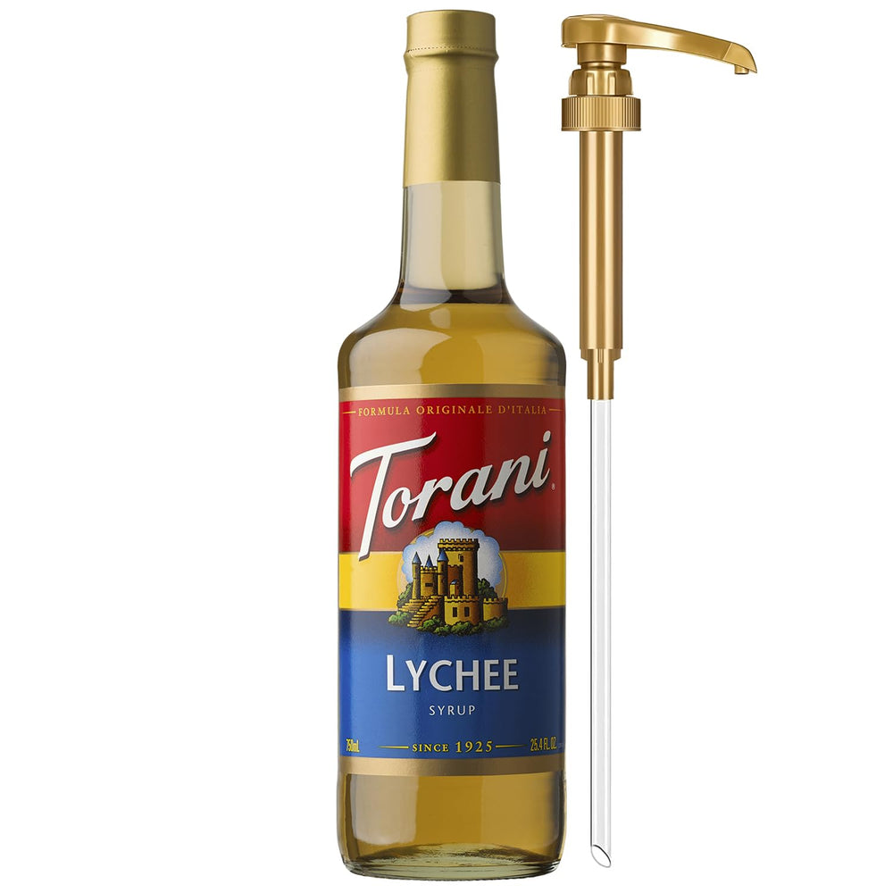Torani Lychee Syrup glass bottle with pump for easy flavoring