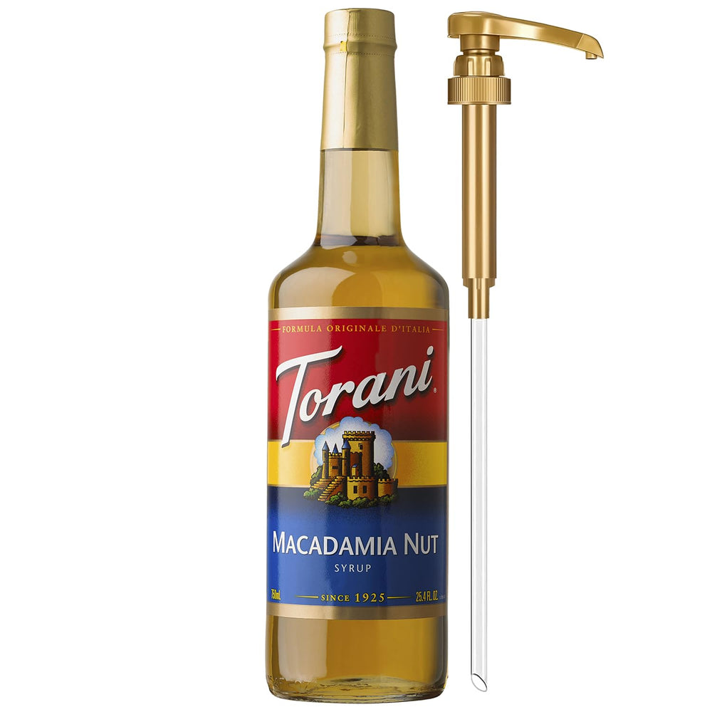 Torani Macadamia Nut Syrup bottle with pump for precise pouring in coffee.