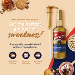 Close-up of Torani Macadamia Nut Syrup glass bottle.