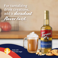 Label close-up of Torani Macadamia Nut Syrup for premium flavor.