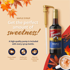 Torani maple syrup in glass bottle adds elegant flavor to beverages