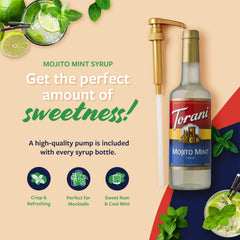 Pouring pump dispensing Torani Mojito Mint Syrup for easy serving.
