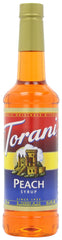 Torani Peach Syrup bottle front view, ideal for enriching coffees and sodas.