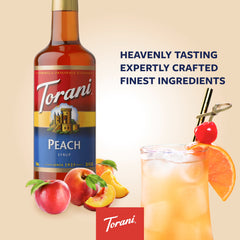 Label detail of Torani Peach Syrup emphasizing natural flavors.