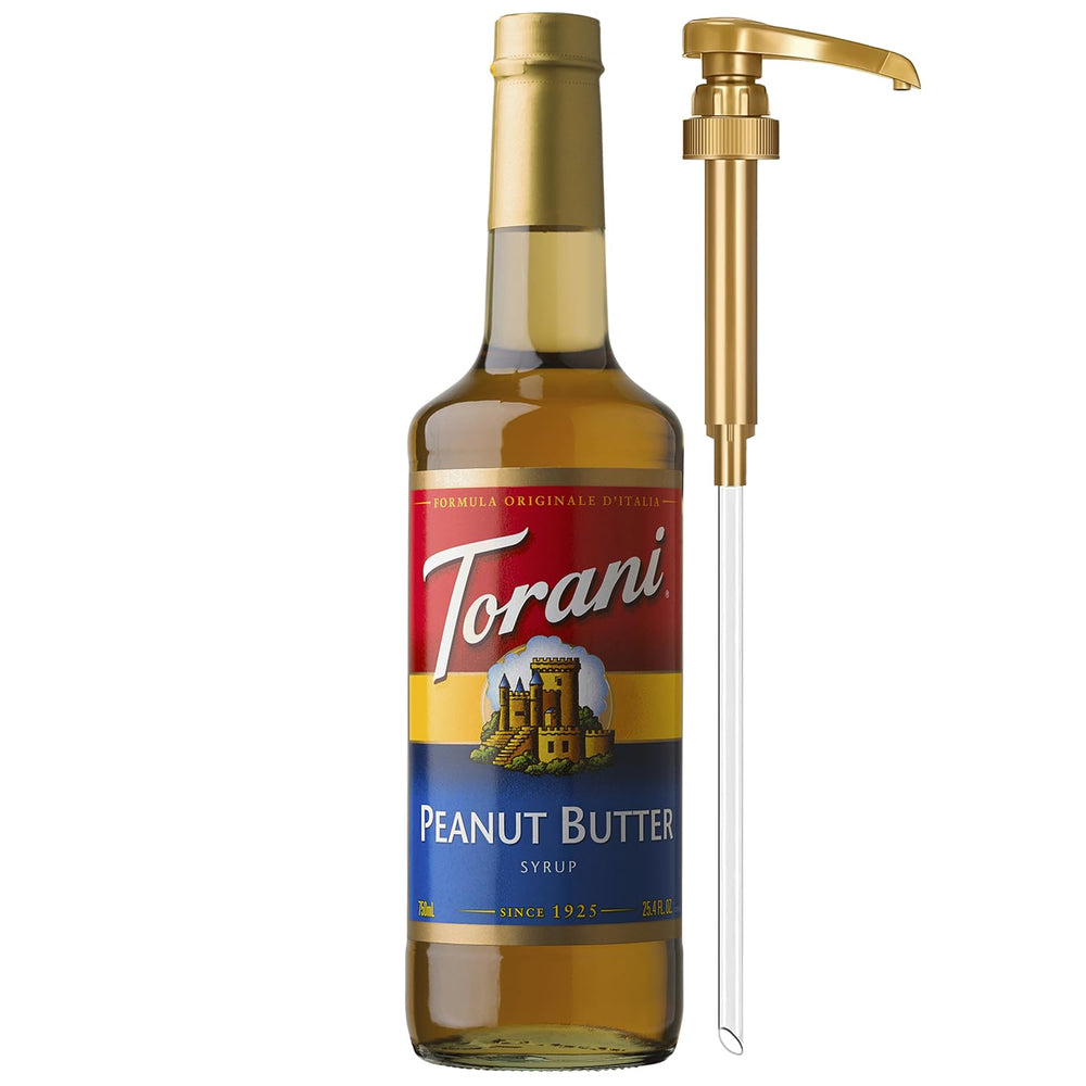 Torani peanut butter syrup bottle with pump for easy sweetening.