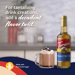 Torani peanut butter syrup label close-up emphasizing recognizable branding.