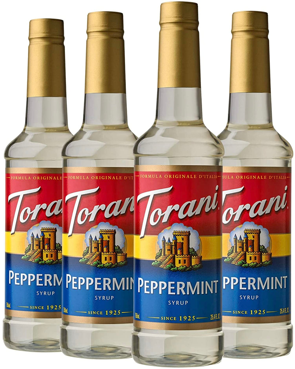 Torani Peppermint Syrup pack of four bottles for festive lattes, beverages, and desserts
