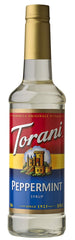 Torani Peppermint Syrup bottle enhances coffee, tea, and cocktails with a refreshing mint profile.