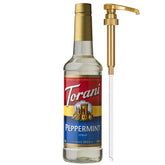 Torani Peppermint Syrup bottle with pump for easy flavoring in coffee