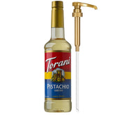 Torani Pistachio Coffee Syrup bottle with pump for easy, mess-free flavoring.