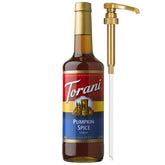 Torani glass bottle with pump highlights premium pumpkin spice flavor for easy café-style drinks.