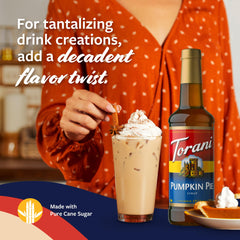 Close-up of Torani Pumpkin Pie Syrup bottle with BPA-free packaging.