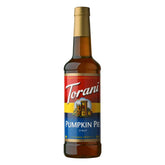 Torani Pumpkin Pie Syrup bottle ready to flavor autumn coffees.
