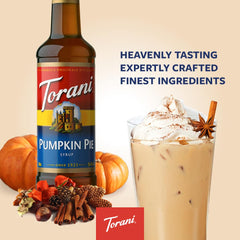 Torani Pumpkin Pie Syrup bottle showcasing seasonal spice aroma.