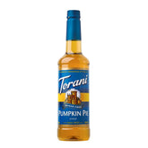 Torani Sugar Free Pumpkin Pie Syrup bottle highlights rich fall flavor.