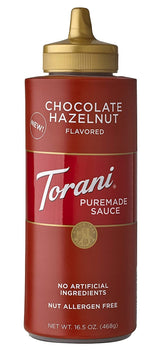 Torani Puremade Chocolate Hazelnut Sauce bottle delivering a rich, nutty finish to drinks