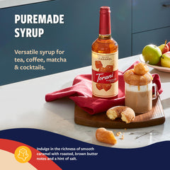 Torani Puremade Salted Caramel Syrup with coffee cup pairing for espresso drinks