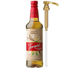 Torani Puremade Signature Vanilla Syrup bottle with pump for easy, precise flavoring.