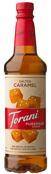 Torani Puremade Salted Caramel syrup bottle highlights rich caramel for lattes and desserts.