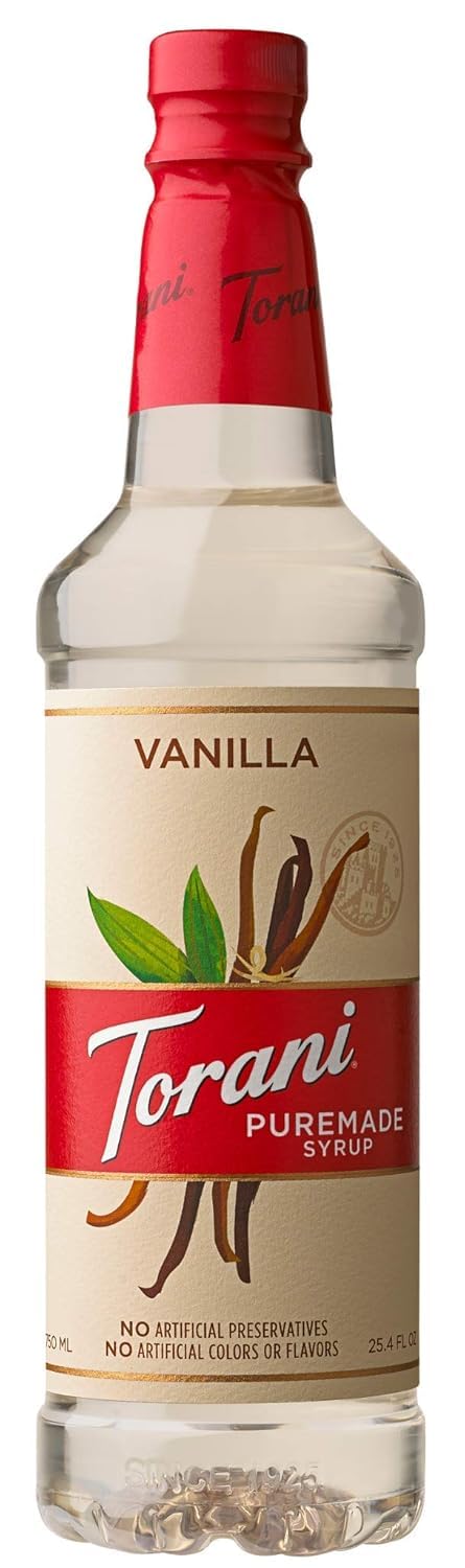 Torani Puremade Vanilla syrup bottle for coffees and desserts, delivering natural flavor
