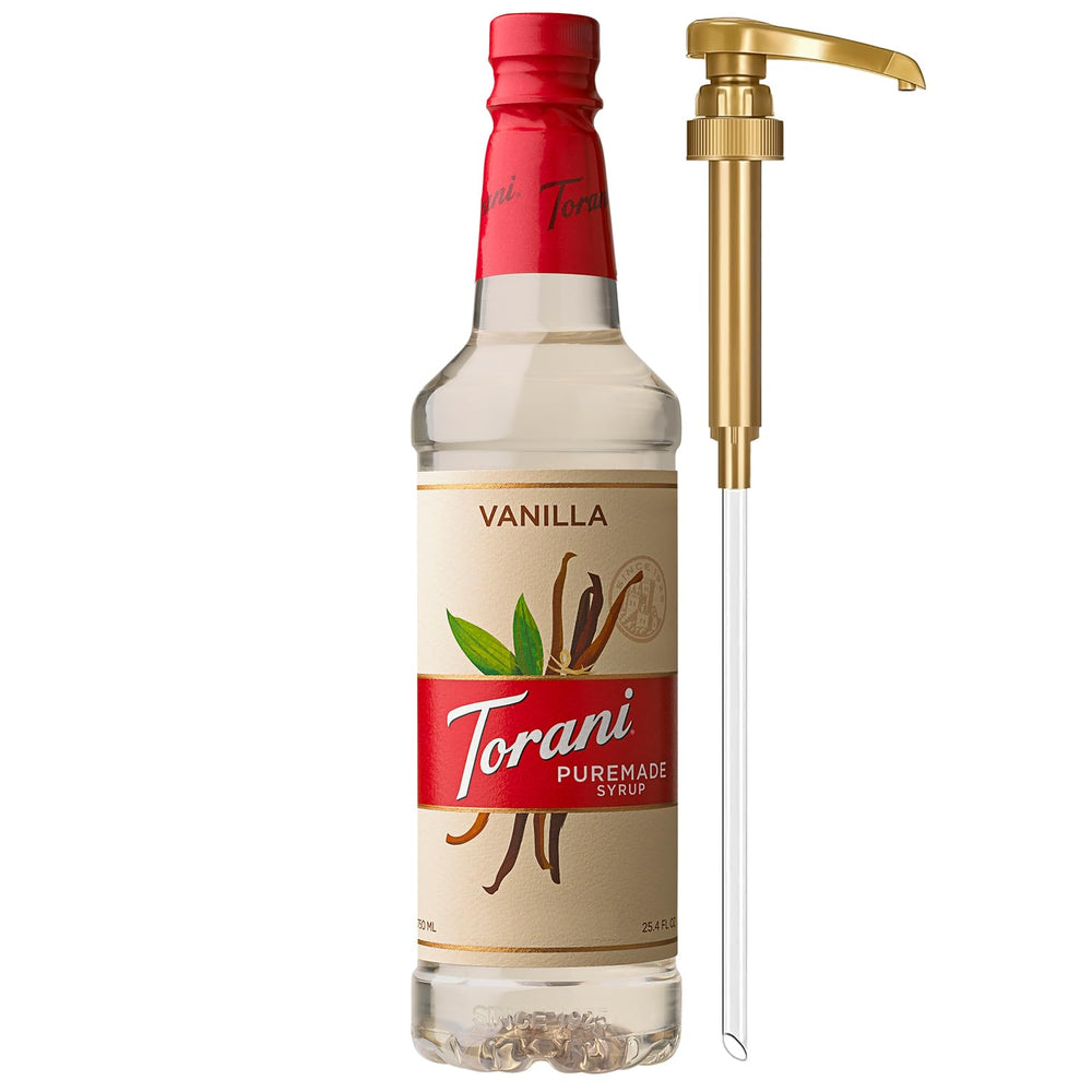 Torani Puremade Vanilla Syrup bottle ready for cafe-style beverages.
