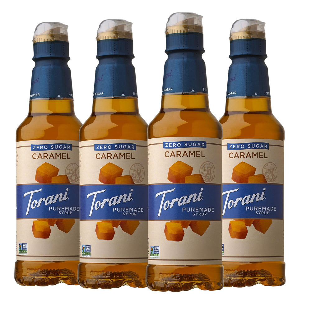 Torani Puremade Zero Sugar Caramel Syrup bottle being poured into coffee for sugar-free caramel flavor