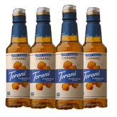 Torani Puremade Zero Sugar Caramel Syrup bottle being poured into coffee for sugar-free caramel flavor