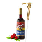 Torani Raspberry Syrup bottle enhances coffee and desserts with bright flavor.