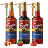 Torani Raspberry Syrup bottle for vibrant Italian sodas and desserts.