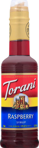 Torani Raspberry Syrup bottle with vibrant berry aroma for beverages.