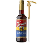 Torani Red Raspberry Syrup bottle with pump for precise, mess-free sweetening.