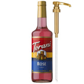 Torani Rose Syrup bottle with pump for easy, mess-free flavoring.