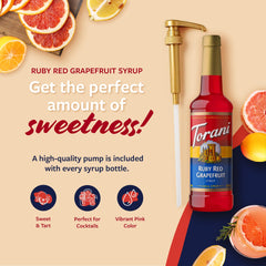 Torani Ruby Red Grapefruit Syrup poured into a glass for a citrus-forward drink