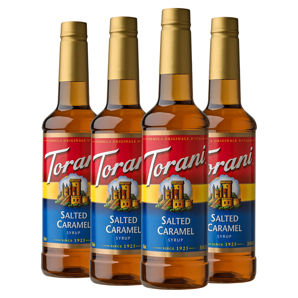 Torani Salted Caramel Syrup 4-pack bottles deliver cafe-quality flavor at home.