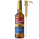 Torani salted caramel syrup pump on bottle for easy, mess-free sweetening.