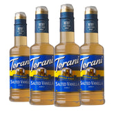 Torani Salted Vanilla Syrup bottle front showing product and flavor benefits for coffee lovers