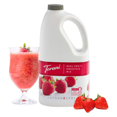 Sliced strawberries beside Torani mix highlighting fresh fruit flavor