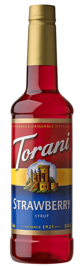 Torani Strawberry Syrup bottle front view for berry flavor in coffees.