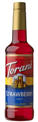 Torani Strawberry Syrup bottle front view for berry flavor in coffees.