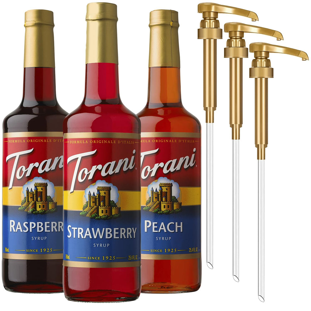 Torani strawberry syrup bottle with pump for refreshing drinks